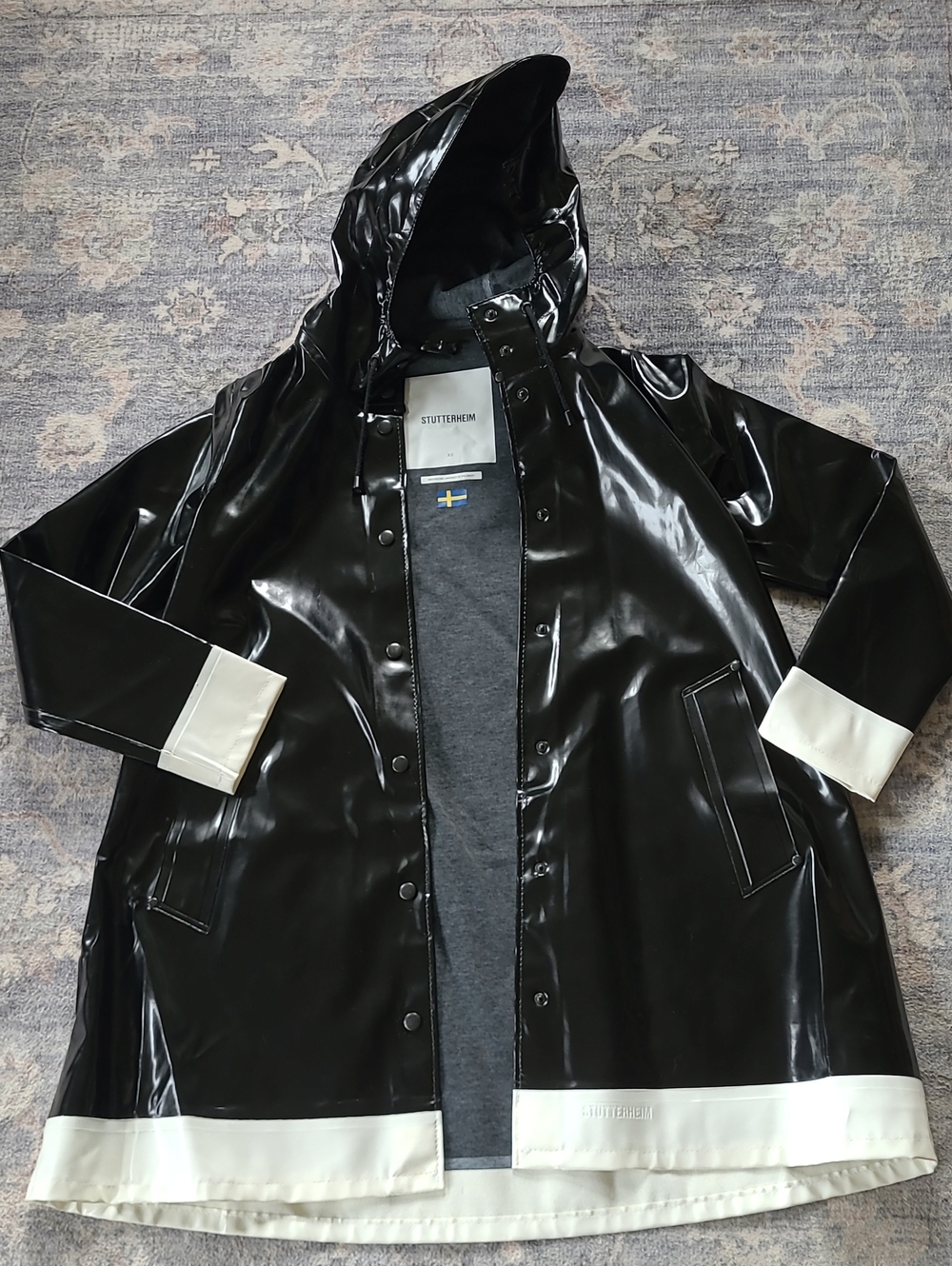 Stutterheim Black Raincoat with White Trim